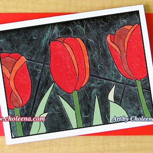 Rote Tulpen Trio - Grußkarte - klein - jede Gelegenheit - leere Karte - Tulpe Karte - Blumenkarte -Blumen Karte - Tulpen Karte - rote Blumenkarte - Frühling