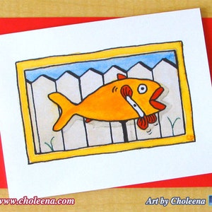 Blanco Picket cerca de pescado- tarjeta de felicitación- pequeño- cualquier ocasión- tarjeta en blanco- yarda tarjeta- jardín partido tarjeta- tarjeta de verano- tarjeta de césped- tarjeta de arte