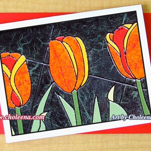 Feuer Tulpen Trio - Grußkarte - klein - jede Gelegenheit - leere Karte - Tulpe Karte - Blume Karte -Blumen Karte - Tulpen Karte - Orange Blumenkarte