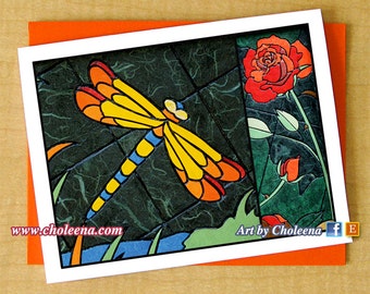 Libelle rote Rose Karte - kleine Grußkarte - jede Gelegenheit - leere Karte - Mosaik Kunst Karte - Libelle Karte - Insekt und Blumenkarte - Sommerkarte