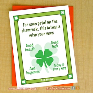 Elk bloemblad op de shamrock brengt een wens op jouw manier Veel geluk, goede gezondheid, geluk - Small St Patrick's Day Irish Card- Friendship Card