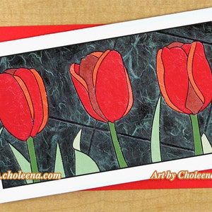 Rote Tulpen Trio - Grußkarte - große Karte - jede Gelegenheit - leere Karte - Garten-Karte - Frühling Karte - Tulpen Karte - rote Karte - Tulpe Karte - Kunstkarte