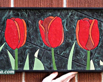 Red Tulip Mosaic- Paper Tile Mosaic- Medium- Original Art- Unique Process- Flower Art- Tulip Art- Spring Flower Art- Garden Art- Paper Art