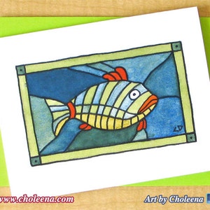 Pescado de vidrio manchado- tarjeta de felicitación- tarjeta pequeña- cualquier ocasión- tarjeta en blanco- tarjeta de vidrio manchado- tarjeta de mosaico- tarjeta de pescado- tarjeta de agua- tarjeta de regalo