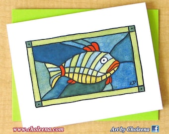 Stained Glass Fish- Greeting Card- Small Card- Any Occasion- Blank Card- Stained Glass Card- Mosaic Card- Fish Card- Water Card- Gift Card
