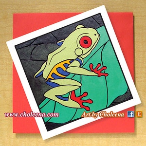 Rote Sendefrosch Karte - Grußkarte - kleine Karte - jede Gelegenheit - leere Karte - Kunstkarte - Mosaik Karte - Baum Frosch - Amphibien-Karte - tropischen Tier