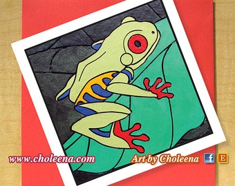 Red Eye Frog Card- Greeting Card- Small Card- Any Occasion- Blank Card- Art Card- Mosaic Card- Tree Frog- Amphibian Card- Tropical Animal