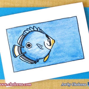 Engel Fisch -Grußkarte - kleine - leere Karte - Aquarell, Aquarell Kunst Karte - Fisch Karte - Wasserkarte - blaue Karte - Ozean Karte - einzigartige Karte
