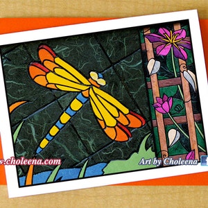 Dragonfly Clematis Card- Tarjeta de felicitación pequeña- Cualquier ocasión- Tarjeta en blanco- Tarjeta de arte mosaico- Tarjeta libélula- Insecto y tarjeta de flores- Tarjeta de verano