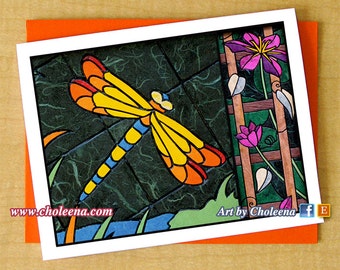 Libelle Clematis Karte - kleine Grußkarte - jede Gelegenheit - leere Karte - Mosaik Kunst Karte - Libelle Karte - Insekt und Blumenkarte - Sommerkarte