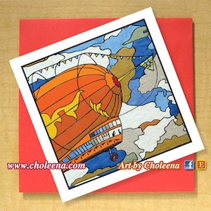 Carte Zeppelin- Carte de vœux- Petite carte carrée- Toute occasion- Carte Blanche- Carte Steampunk- Carte Industrielle- Carte Geeky- Carte Orange
