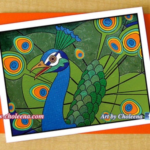 Pavo real- Tarjeta de felicitación- Pequeña- Cualquier ocasión- Tarjeta en blanco- Tarjeta de pájaro- Tarjeta colorida- Cartas plumas- Tarjeta arco iris- Tarjeta verde metálica- Primavera