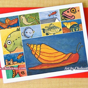 Teardrop Schnecke Collage - Grußkarte - klein - jede Gelegenheit - leere Karte - Schnecke Karte - bunte Karte - Shell-Karte - süße Karte - verspielte Kunstkarte