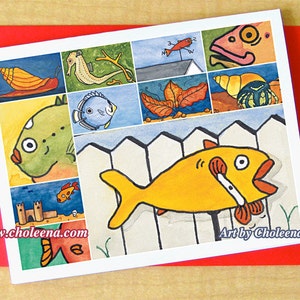 White Picket Fence Fish Collage- Tarjeta de felicitación- Pequeña- Cualquier ocasión- Tarjeta en blanco- Tarjeta de pescado- Tarjeta colorida- Tarjeta de patio- Tarjeta de diversión- Tarjeta de césped
