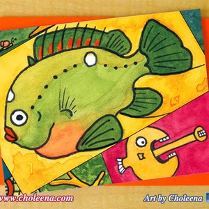 Colagem de peixes - Cartão de felicitações - Pequeno - Qualquer ocasião - Cartão em branco - Cartão oceano - Cartão de colagem - Cartão aquarela - Arte original - Cartão de água - Cartão de peixe