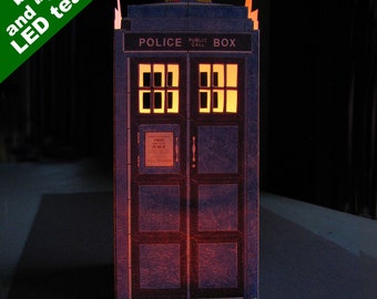 TARDIS card-stock paper cover with LED "flickering" tea-light "candle" - Doctor Who Time Machine - glow-in-the-dark Tardis- kid night light