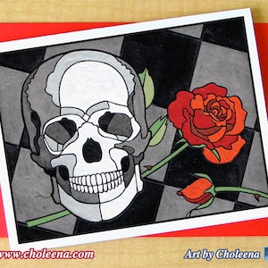 Crâne et rose- Carte de voeux- Petite- Toute occasion- Carte blanche- Mosaïque tuile art- Goth Death card- Carte romantique- Carte des amoureux- Carte Steampunk