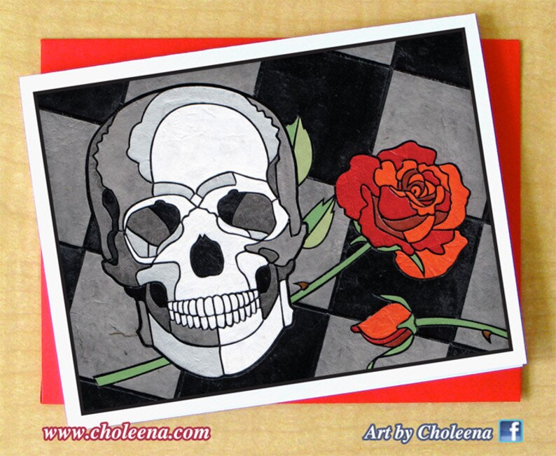 Skull and Rose Greeting Card Small Blank card Mosaic tile art Goth Death card Romantic card Lovers card Steampunk card image 1