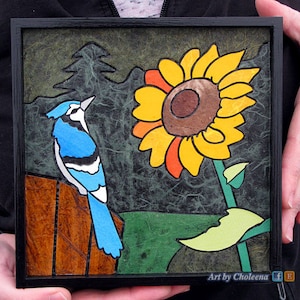 Geai bleu et tournesol - mosaïque de carreaux de papier - Mini- oeuvre d'art originale - art oiseau geai bleu- art champêtre- art oiseau- art nature- art mosaïque- art papier