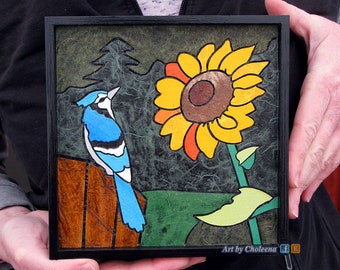 Arrendajo azul y girasol - Mosaico de papel - Miniatura - Arte original - Arte de pájaro arrendajo azul - Arte rural - Arte de aves - Arte de la naturaleza - Arte en mosaico - Arte en papel