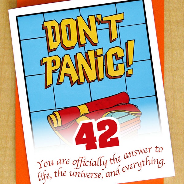 Don't Panic- Greeting Card- Small- Blank card- Hitchhikers Guide to the Galaxy- Towel Day- Zaphod Beeblebrox- Arthur Dent- Marvin- 42