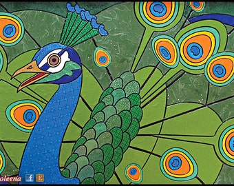 Peacock- Paper Tile Mosaic- Medium- Original Art- Unique Process- Cock Art-Feather Art- Paper Art- Paper Mosaic-Funky Art-Bird Art-Colorful