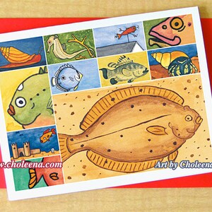 Flounder Collage- Wenskaart- Klein- Elke gelegenheid- Lege kaart- Viskaart- Oceaankaart- Botkaart- Zeeleven- Aquarel Kunstkaart