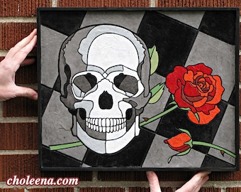 Skull and Rose- Paper Tile Mosaic- Small- Original Art- Unique Process- Goth Art- Romantic Art- Death Art- Rose Art- Love Art- Valentine Art