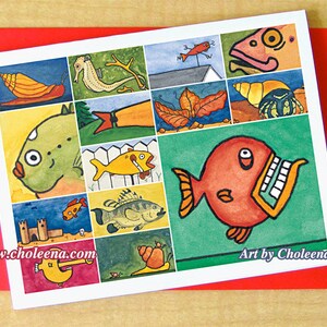 Stargazer Fisch Collage - Grußkarte - klein - jede Gelegenheit - leere Karte - Fisch-Karte - bunte Karte - Ozean Karte - Spaß Karte - verspielte Kunstkarte
