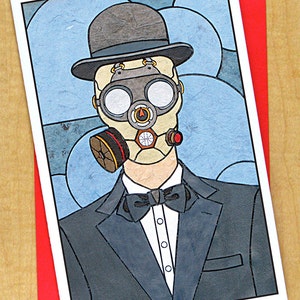 Man in gasmasker- wenskaart- grote kaart- elke gelegenheid - lege kaart - man in bolhoed - De zoon van de mens - moderne kunstkaart - Steampunk Pop Art
