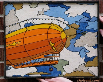 Zeppelin- Paper Tile Mosaic- Small- Original Art- Unique Process- Dirigible, airship, flying, Aeropunk, Industrial, Steampunk Art- Geeky Art
