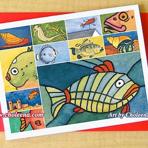 Stained Glass Fish Collage- Greeting Card- Small- Any occasion- Blank card- Fish card- Colorful card- Ocean card- Water Life Art- Art Card