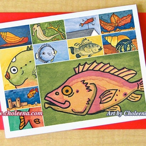 Wassermelone Fisch Collage - Grußkarte - klein - jede Gelegenheit - leere Karte - Fisch-Karte - bunte Karte - Ozean Karte - Spaß Karte - verspielte Kunstkarte