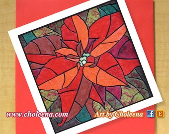 Poinsettia Mosaic Card- Carte de vœux- Petite carte- Toute occasion- Carte Blanche- Carte Poinsettia- Carte Pointsetta- Carte de Noël- Carte De Noël