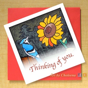 Je pense à vous geai bleu mosaïque carte-carte de voeux-petite-carte vierge-carte tournesol-carte oiseau-carte botaniste-carte nature-ornithologie