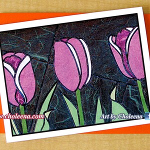 Lila Tulpen Trio - Grußkarte - jede Gelegenheit - leere Karte - Tulpe Karte -Blumen-Karte-Blumen-Karte-Tulpen-Karte - lila Blumenkarte - Frühling