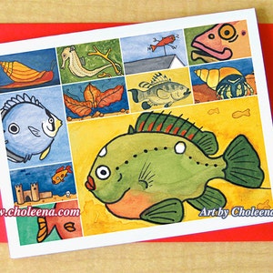 Sonnige Fisch Collage - Grußkarte - klein - jede Gelegenheit - leere Karte - Fisch-Karte - bunte Karte - Ozean Karte - Spaß Karte - verspielte Kunstkarte