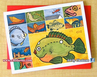 Sunny Fish Collage- Greeting Card- Small- Any occasion- Blank card- Fish card- Colorful card- Ocean card- Fun Card- Playful Art Card