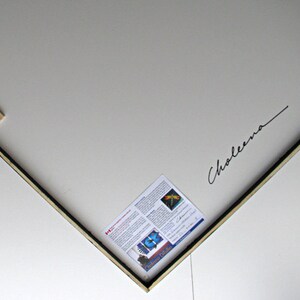 May include: A corner view of a white canvas with a black frame. A wooden support with a metal ring is attached to the top left corner. A small paper with text and a butterfly image is attached to the canvas. The signature "Choleena" is written in black.