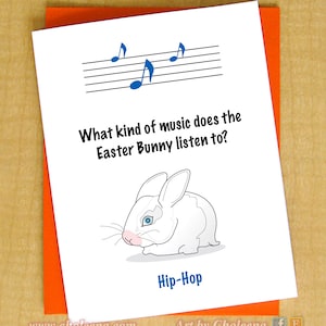 Naar welke muziek luistert een konijn; Hiphop- Paasgrapkaart- Klein- Paaskaart- Paashaaskaart- Paaswenskaart voor kinderen