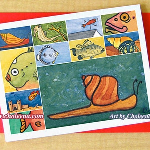 Pond Snail Collage- Biglietto d'auguri- Piccolo- Qualsiasi occasione- Scheda bianca- Biglietto lumaca- Scheda stagno- Biglietto viscido- Acqua Vita- Laghetto Lumaca- Art Card