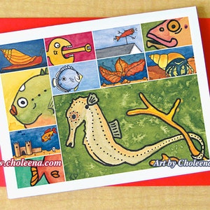 Seahorse Collage- Tarjeta de felicitación- Pequeño- Cualquier ocasión- Tarjeta en blanco- Tarjeta de caballo de mar- Tarjeta del océano- Tarjeta de coral- Agua vida- Caballo de mar Arte- Tarjeta de arte