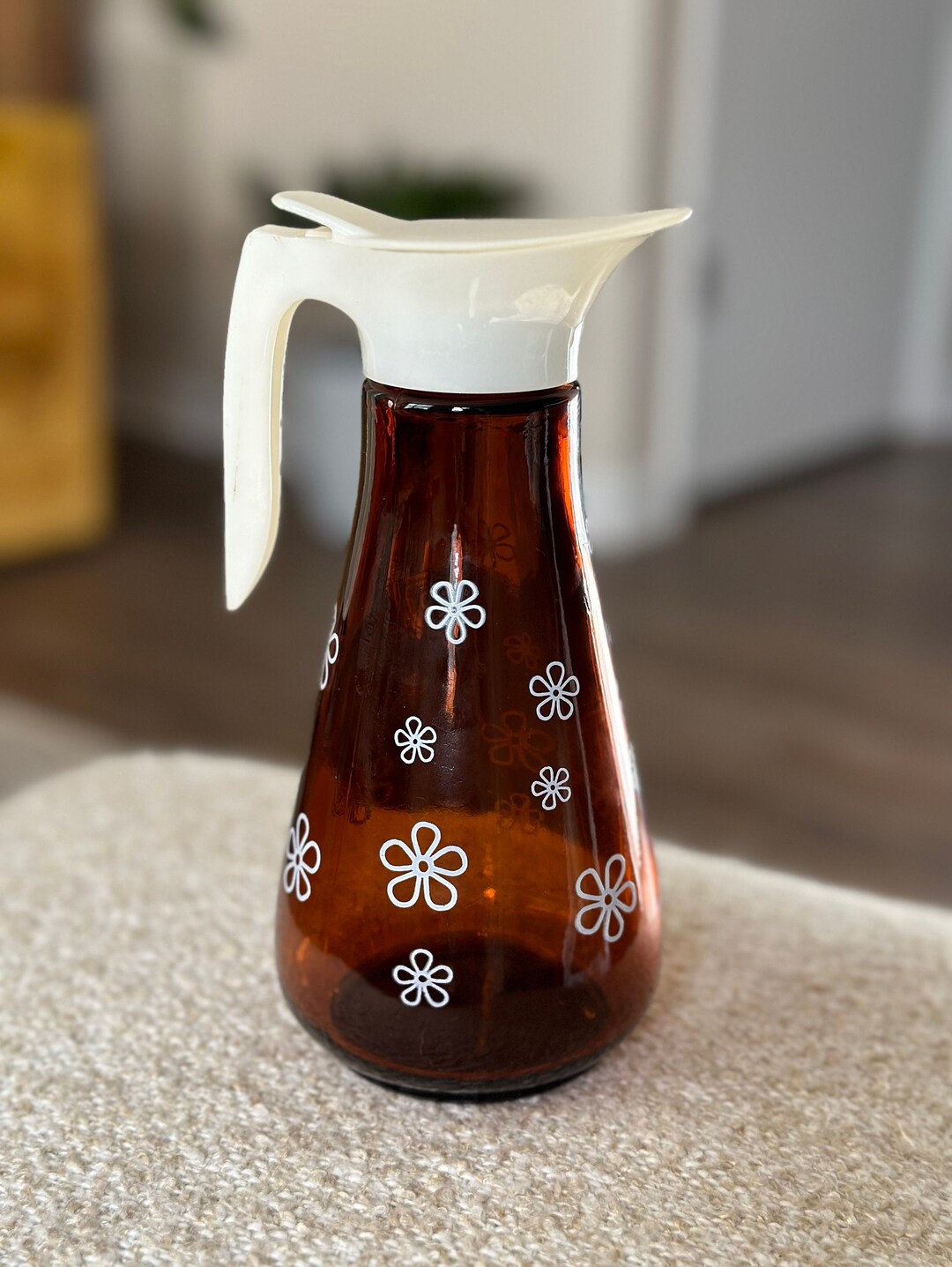 Vintage Syrup Decanter Brown Glass Daisies Etsy