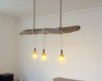 Hanging lamp made of driftwood and brown glass bottles, driftwood, driftwood lamp, alluvial wood lamp, alluvial wood