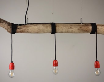 Lampe suspendue avec douilles en porcelaine, bois flotté, lampe en bois flotté