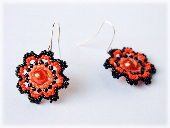 Orange flower earrings beading TUTORIAL