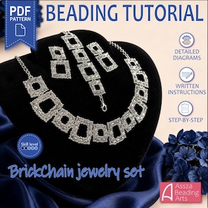 May include: A PDF beading tutorial for a BrickChain jewellery set featuring a silver-toned necklace, bracelet, and earrings made of interconnected square and rectangular beaded links. The document includes detailed diagrams, written instructions, and step-by-step guides for creating the jewellery pieces.
