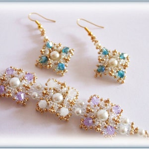 May include: A set of gold earrings and a bracelet with delicate square-shaped designs. The earrings feature blue and white beads, while the bracelet has purple and white beads.