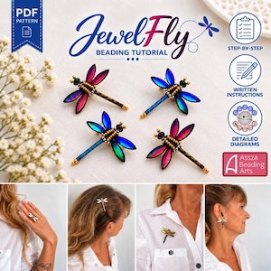 May include: A PDF beading tutorial titled JewelFly featuring four dragonfly-shaped beaded ornaments in iridescent blue, pink, and green colors. The tutorial includes step-by-step written instructions and detailed diagrams for creating these beaded insects.