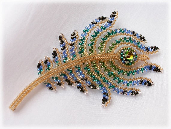 Peacock Feather brooch beading TUTORIAL